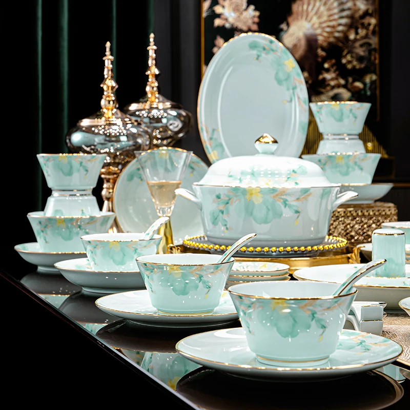Complete Set Celadon Tableware Underglaze Painted Bowls Plates High-end Tableware Set Ceramic Bowls And Plates Housewarming Gift