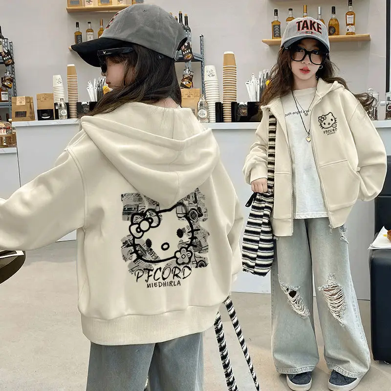 

Teen Girls Hooded Sweatshirt Jacket New Autumn Kids Sanrio Hello Kitty Print Long Sleeved Cardigan Coat Y2K Children Outerwear