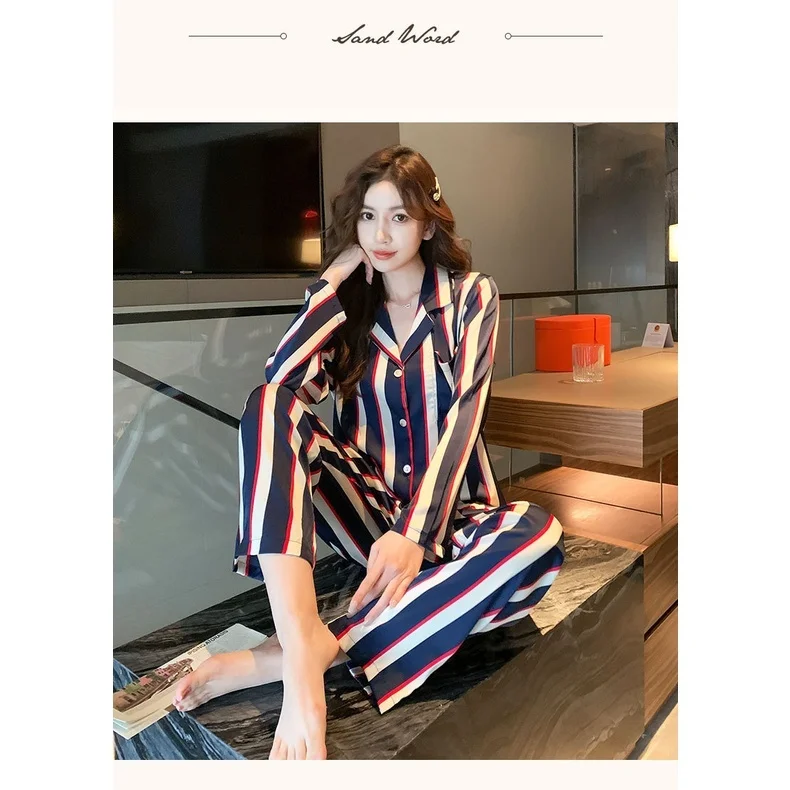 Lisacmvpnel Spring New Ice Silk Women Pajamas Long Sleeve Cartoon Women's Stripe Print Home Clothes Suit Pyjamas