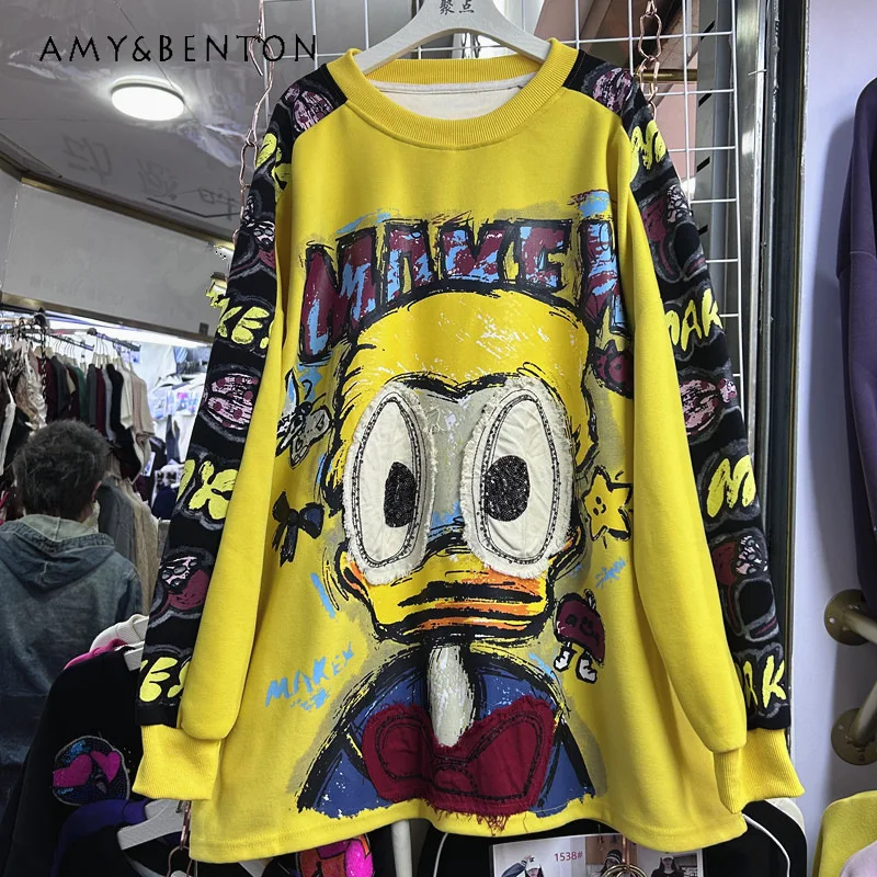 

American Style Popular Design Patchwork Letter Cartoon Loose Long Sleeves Sweatshirts Women's Autumn New Fashionable Top Hoodies