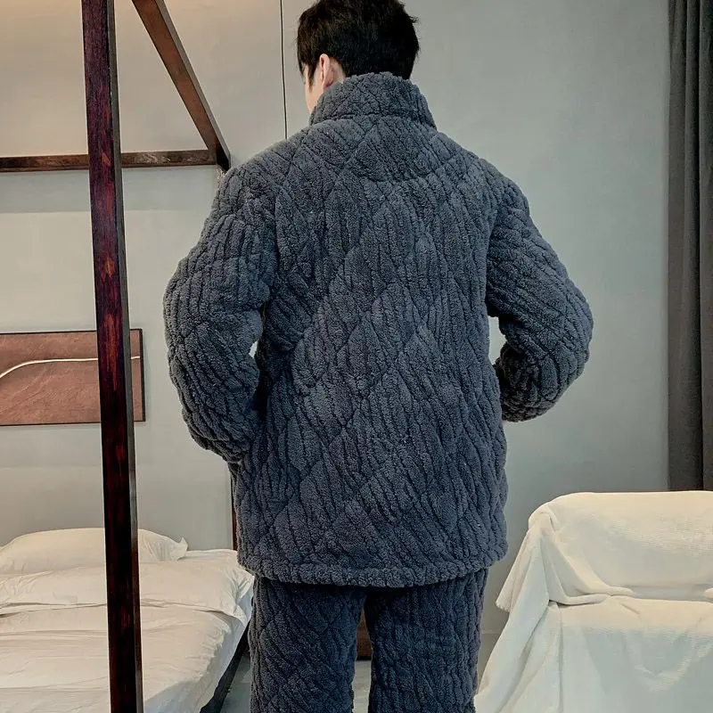 Pyjama rembourré en velours à trois couches pour hommes, tenue de salon, vêtements de nuit décontractés pour garçons, ensemble de vêtements de détente chauds en glouton, lieux épais, automne, hiver