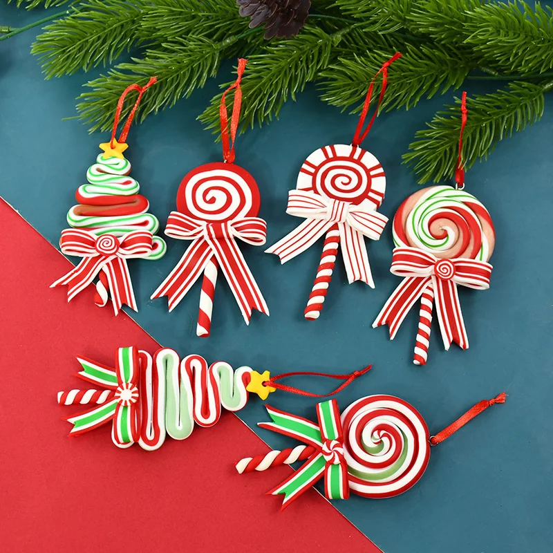 Red Green Candy Cane Hanging Ornaments Lollipop Pendants Polymer Clay Lollipop Fake Candy Canes for Xmas Birthday Party Decor