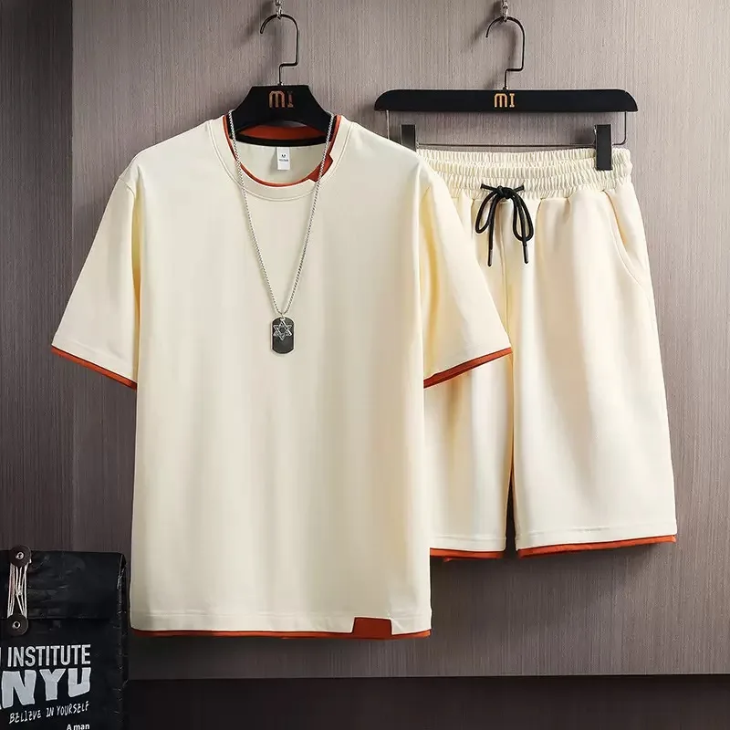 

Мужской летний новый модный однотонный комплект для бега и фитнеса: футболка с коротким рукавом и свободные повседневные спортивные шорты, высококачественный комплект из двух предметов