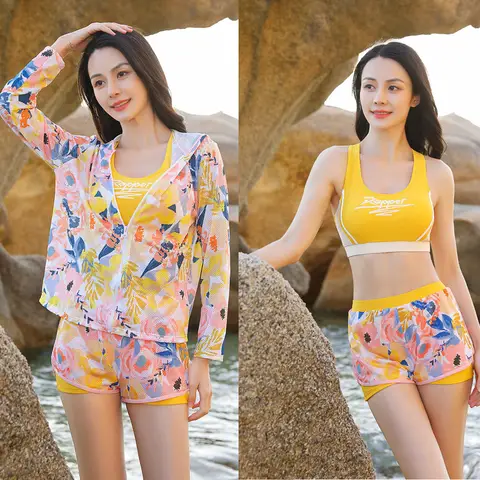 Womens 3 개/대 긴 소매 지퍼 프론트 셔츠 + 브래지어 + Boyshorts Tummy Control 수영복 겸손한 Tankini 비키니 Athletic Rash Guard Best5