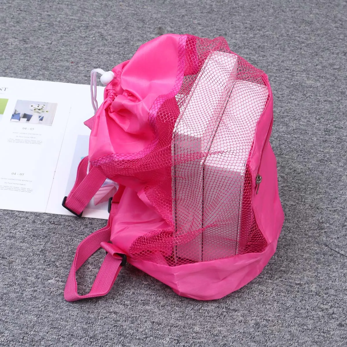 

Foldable Pink Children Beach Net Backpack Durable Nylon Shell Storage Bag Lightweight Travel Bag for Kids Beach Storage
