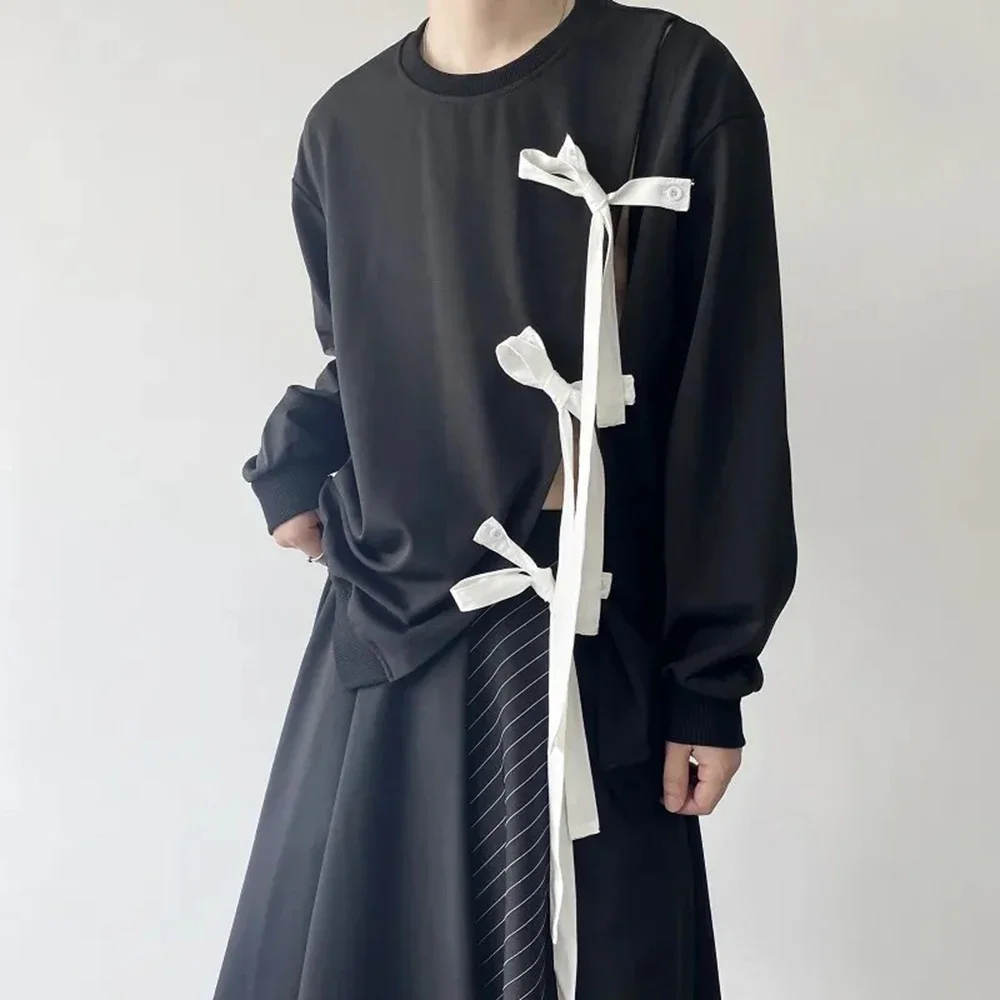 

Personality Long Sleeve Top Y2k Dark Gothic T-Shirt Tie Contrast Color Shirt Streetwear Unisex Japanese Sexy Hollow Outerwear