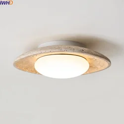 IWHD Nordic Modern LED Ceiling Lamp Natural Stone Aisle Porch Living Room Light Fixtures Yellow Travertine Home Lighting Lampara