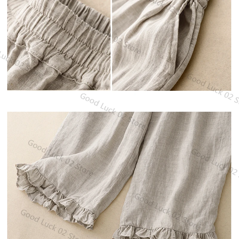 السراويل القطنية والكتان تسع دقائق المرأة الصيف الجديدة الأدبية اليابانية حافة الأذن الخشبية أزياء أنيقة عالية الخصر السراويل واسعة الساق