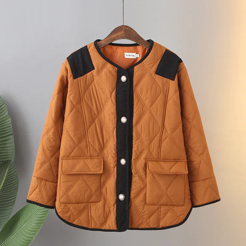 Women 2024 New Contrast Color Thin Cotton Jacket Autumn Winter Middle-aged Mother Causal Famale Overcoat Corduroy Parkas Outwear