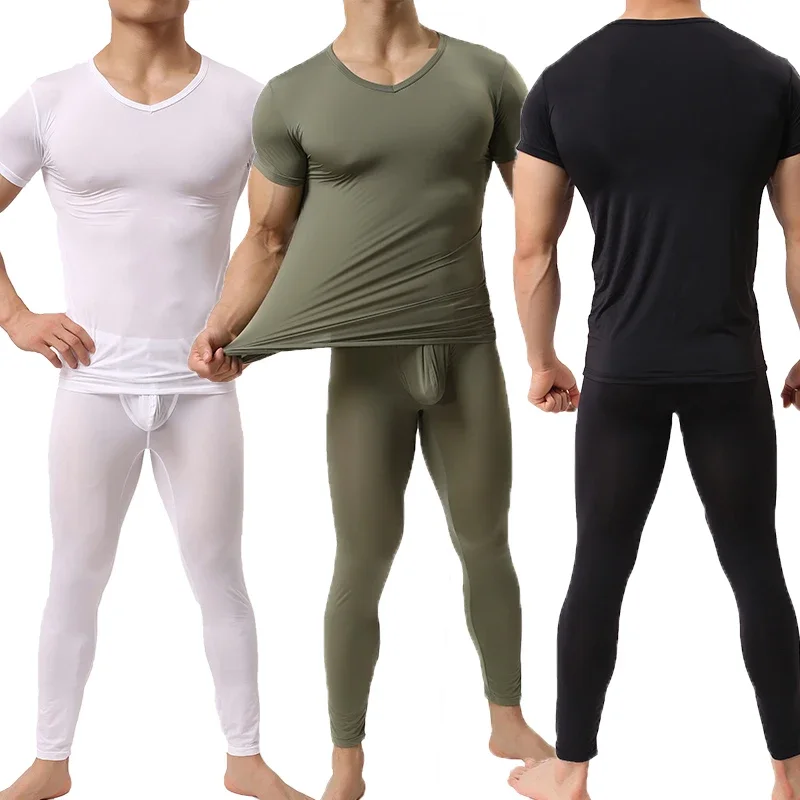 2pcs/set Fashion Underwear Men Long Johns Set Elastic Ultra-thin Silk Translucent Pajamas Set Tops+Leggings