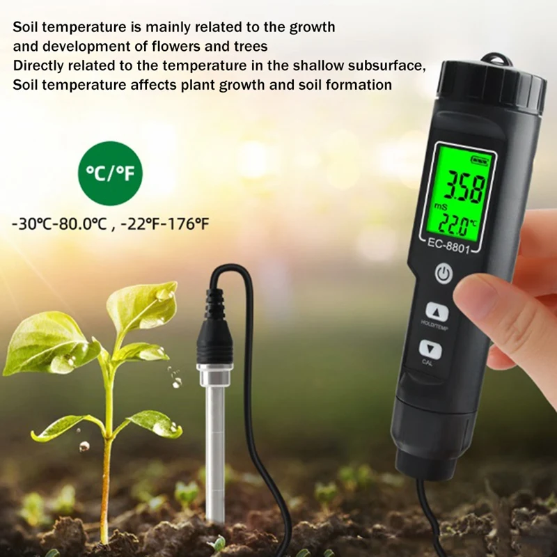 Digital EC/Temp Soil Tester 0.00-10.00MS/Cm Conductivity Meter Waterproof Sensor Analyzer For Planting Garden Outdoor