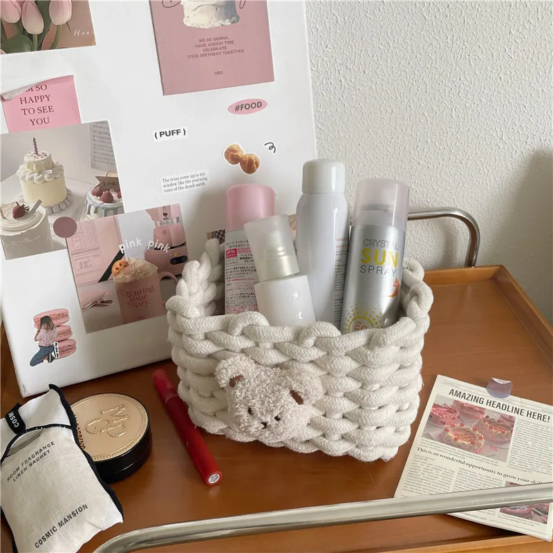 Ins Kawai Desktop Storage Basket Korean Bear Cotton Linen Woven Basket Cute Cosmetics Makeup Sundry Storage Basket Organizer Box