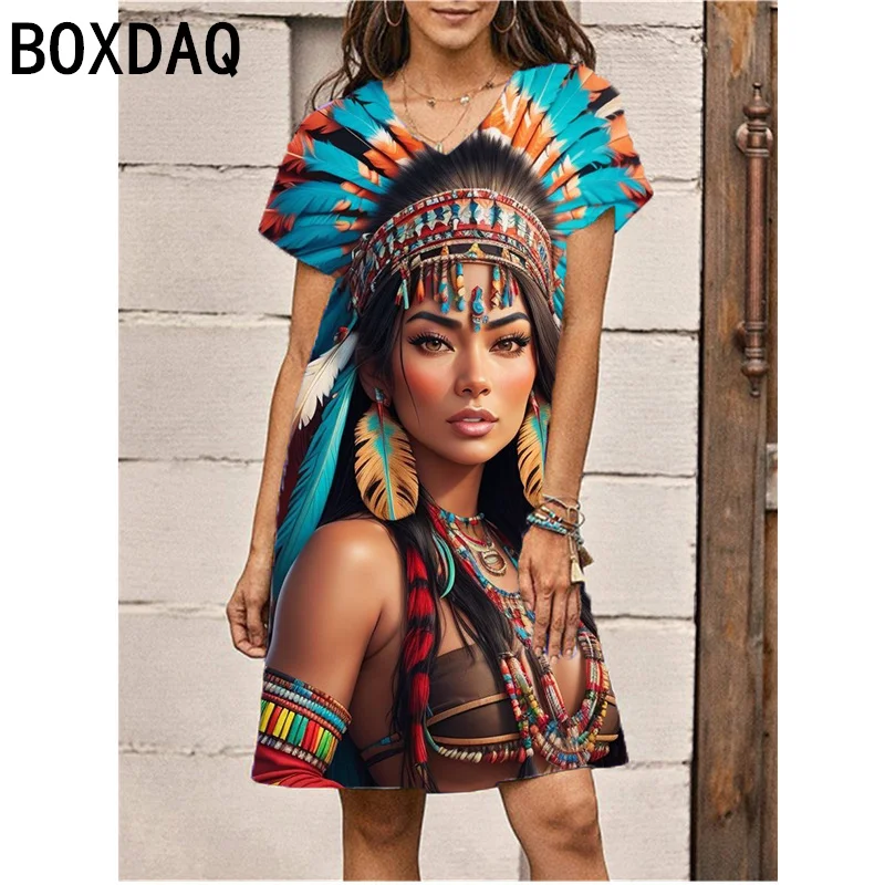 Ladies' Summer V-neck Short Sleeve A-Line Dress Indian Beauty Oil Painting Pattern Print Dress Big Size 3XL Female Dress Vestido