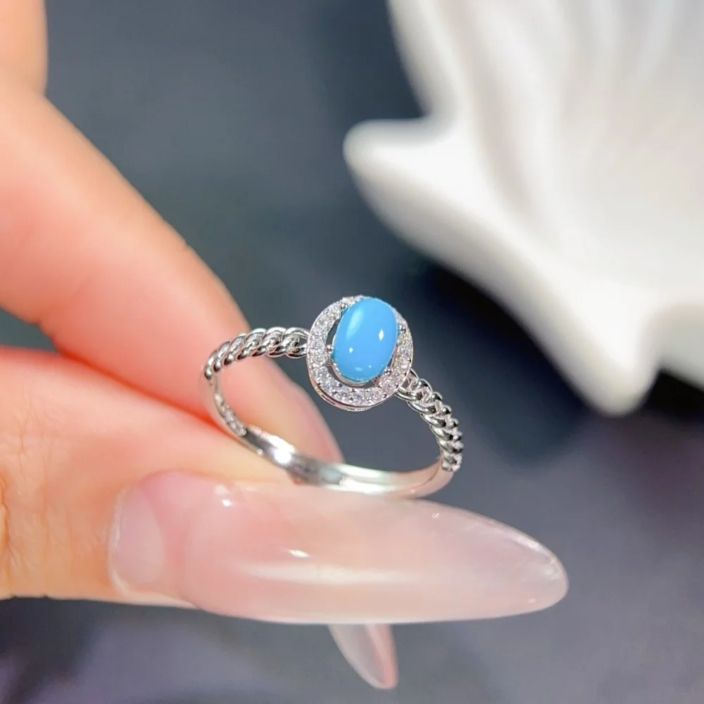 S925 4×6mm Sterling Silver Natural Kallaite Gemstone Ring for Women Fashion Healing Jewelry Stylish Accessory Sweet Gift