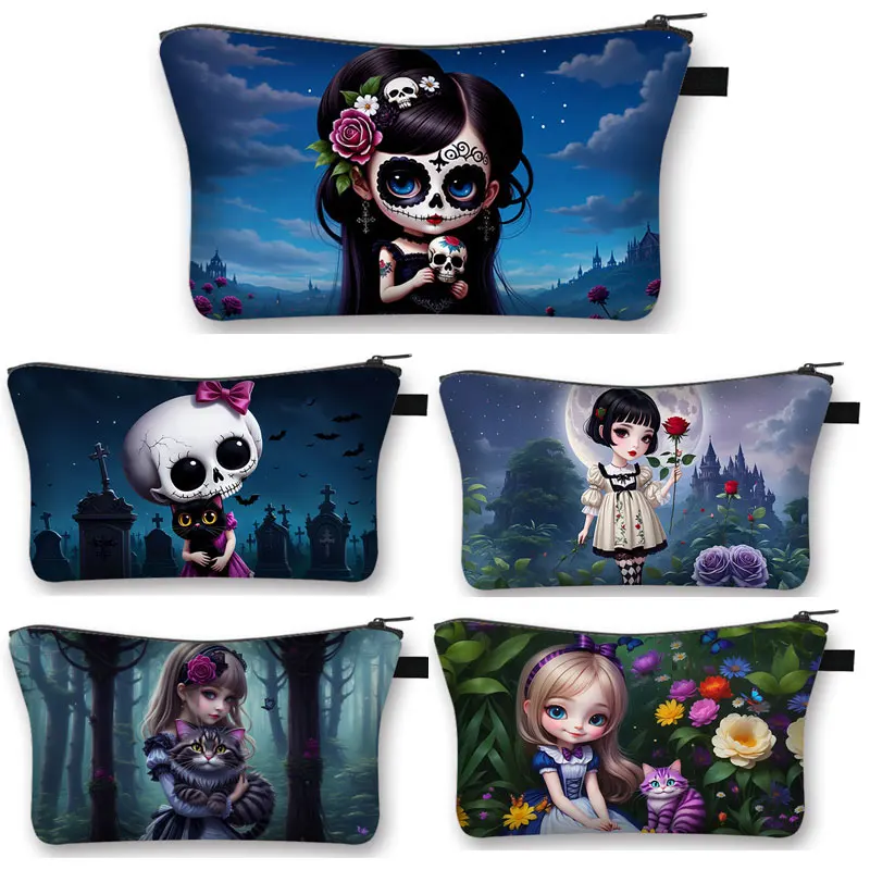 Gothic Witch Black Cat Print Cosmetic Bag Women Makeup Organizer Zipper Pouch Lipstick Napkin Storage Bags Ladies Toiletries Bag