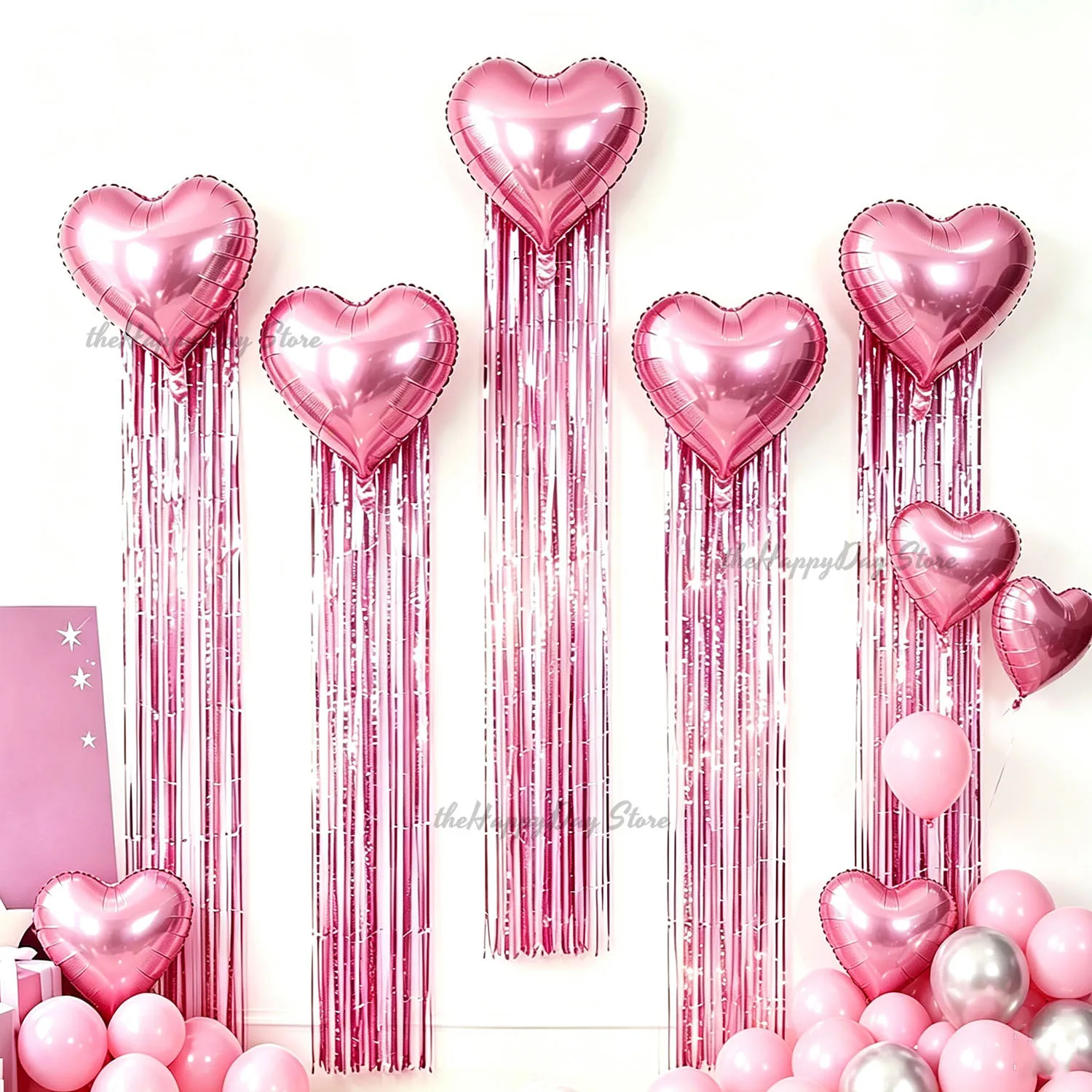 7-teiliges Set aus rosa Herzballons, Quasten, Folienfransen, Vorhängen, Girlanden, Metallherz- und Sternfolienballons für Hochzeit, Geburtstag, Weihnachten, Partydekoration