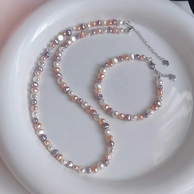 

Sterling Silver 925 Pink Natural Freshwater Pearl Bead S925 Choker Necklace for Women