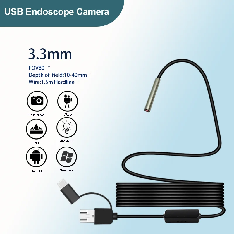 1MP 3,3mm FOV 80 °   Endoscópio de linha dura USB ultrafino para inspeção de tubulações industriais