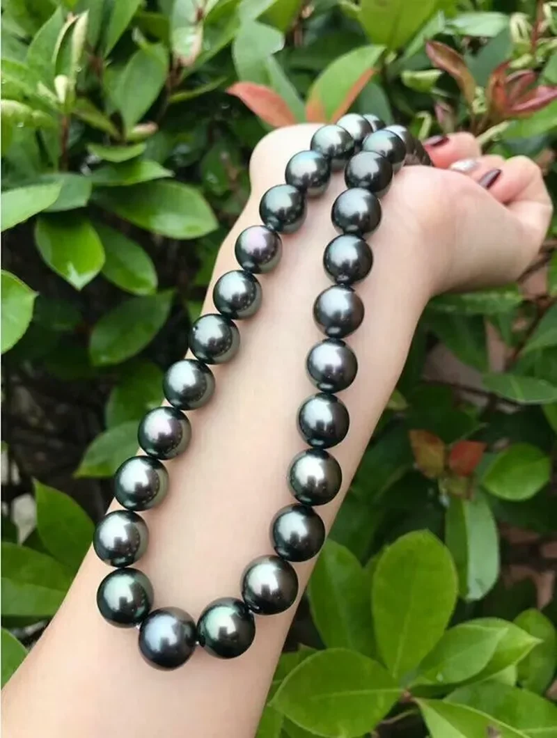 

AAAAA 10-11mm REAL natural ROUND south sea Black Green pearl necklace 14k Gold
