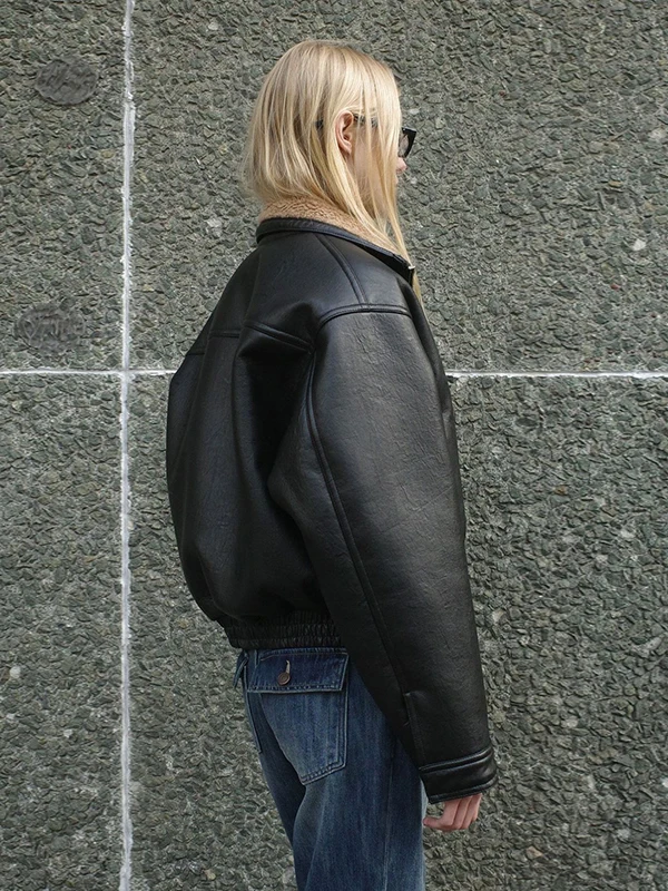 Cool Thiened fourrure d'agneau Jaet femmes automne hiver nouveau Sle petite taille col montant en cuir PU manteau chaud vêtements d'extérieur décontractés