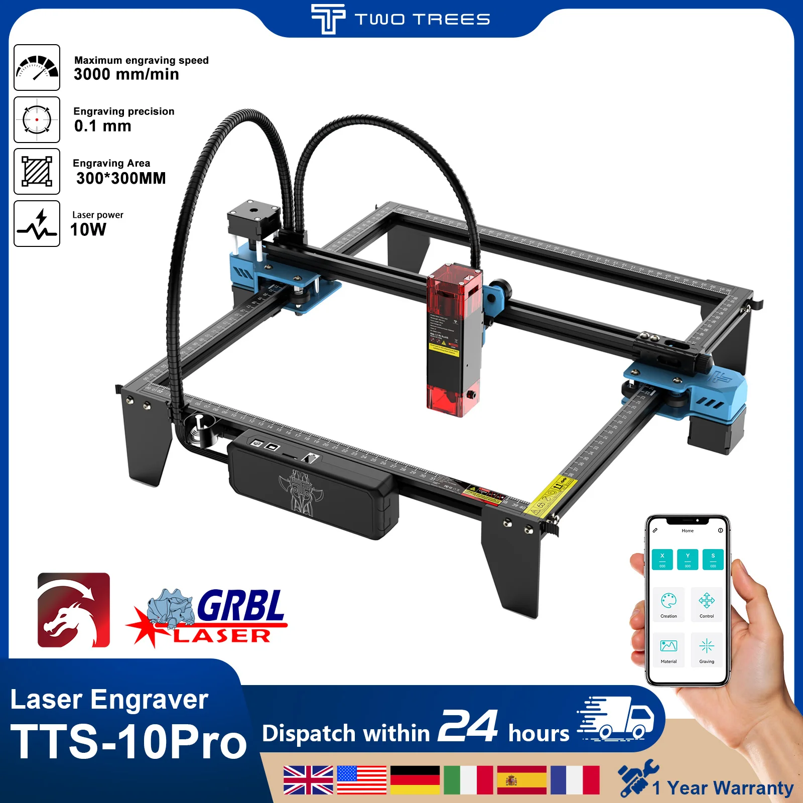 Twotrees TTS-10Pro Laser Engraver Add Touch Screen Metal Laser Engraving Machine DIY Logo Printer Laser Cutting Acrylic MDF