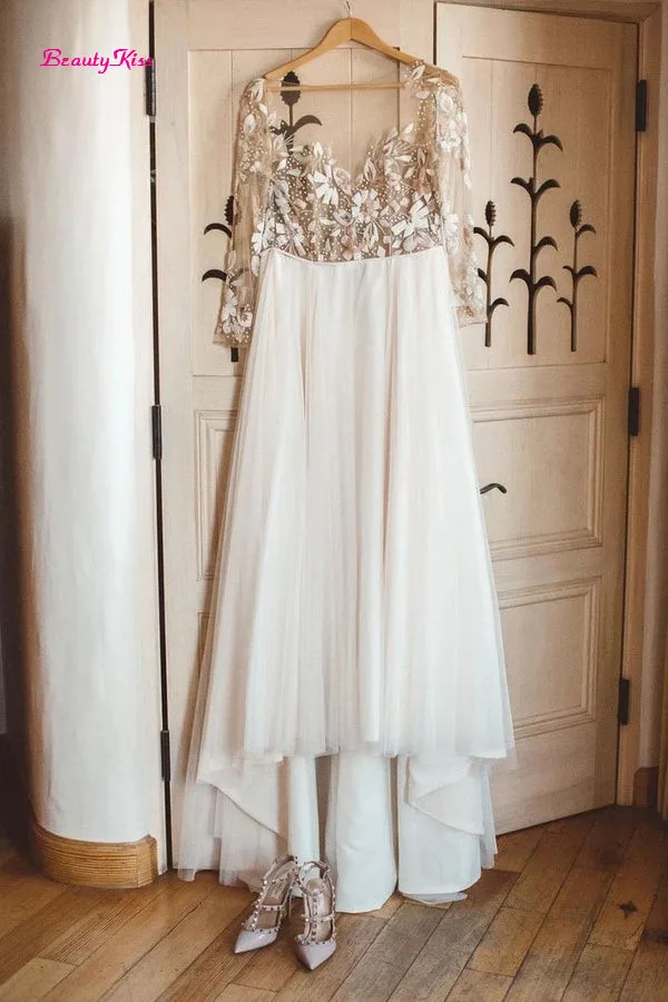 Encantador más nuevo vestido De Novia precioso con cuentas, Vestidos De Novia De tul únicos De manga larga, corte en A, cuello en V, tren De barrido, Vestidos De Novia