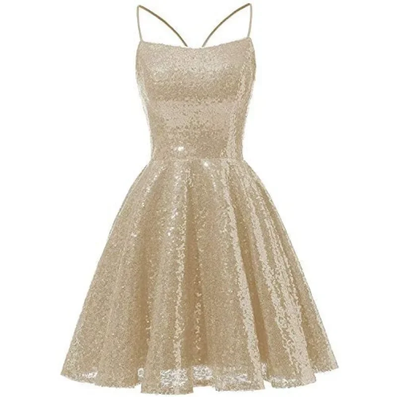 

Spring/Summer New Fashion Glitter Evening Dress Strap Slimming Short Style Birthday Party Dress Small Dress for Women 2025