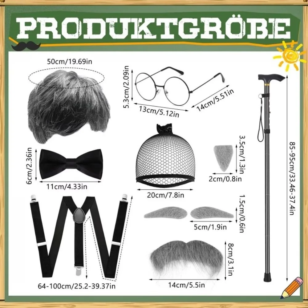 Zubehörset Großvater-Kostümset, Hut, Brille, Hosenträger, Party, Aufführung, Perücke für alten Mann, Rollenspiel-Requisiten, Bühnenaufführung – Detail 1