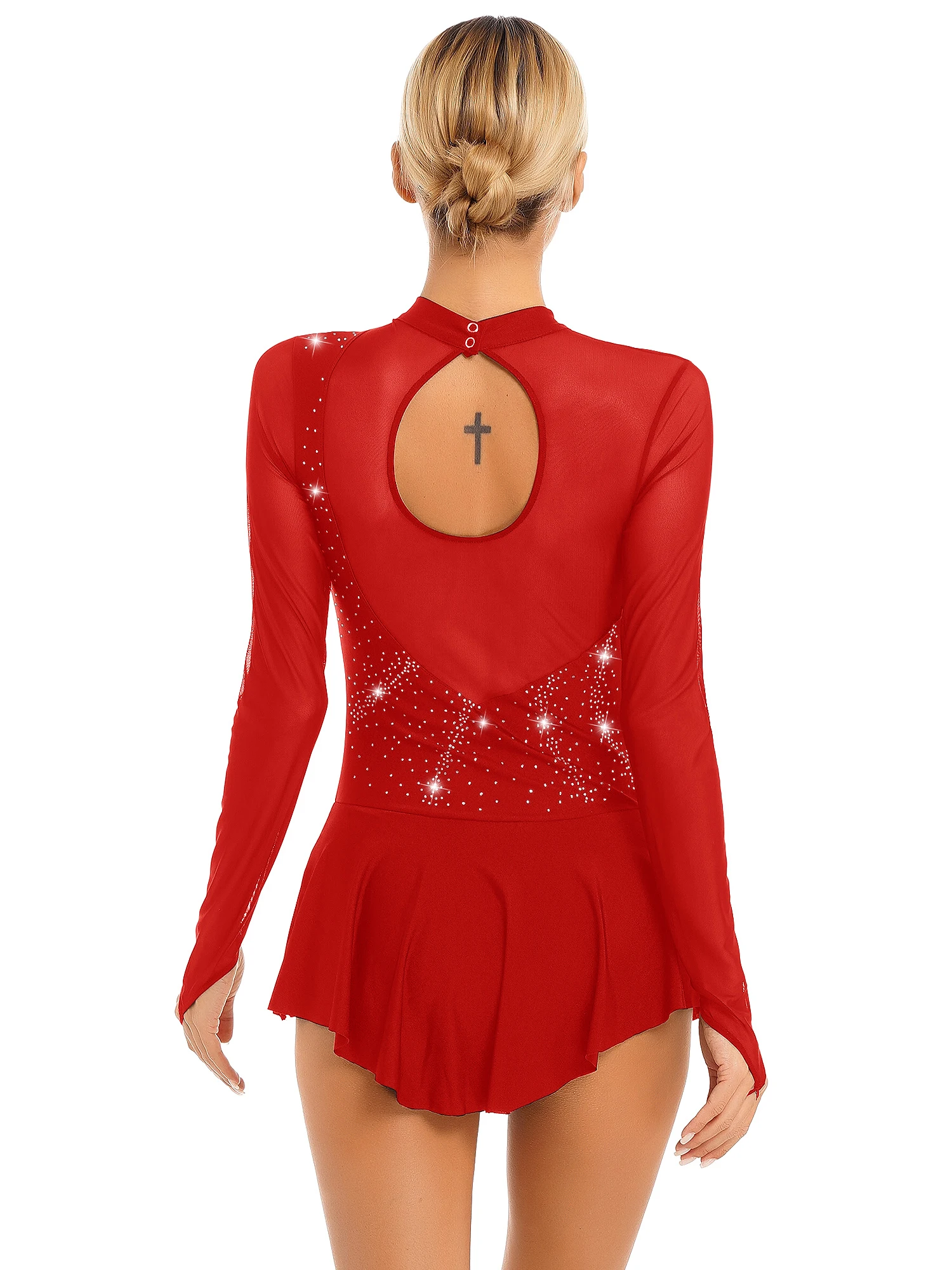 Women Glitter Rhinestone Figure Skating Costume Gymnatics Lyrical Ballet Girls Dance Dresses Dancewear Long Sleeve Leotard Dress