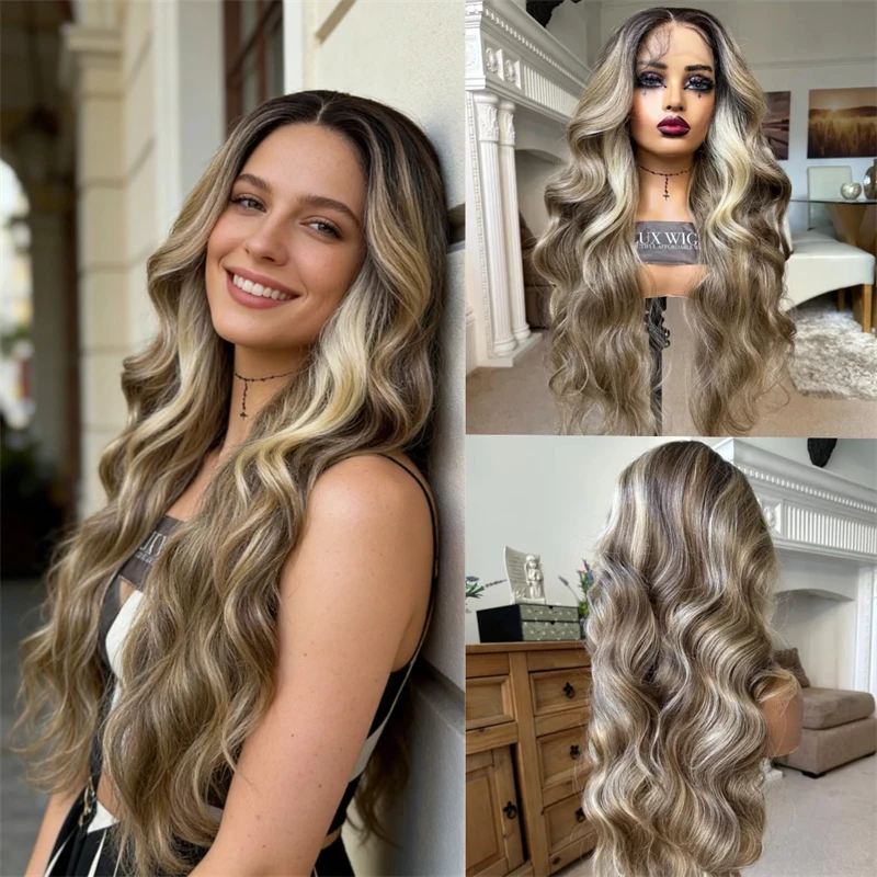 Natural Body Wave Wig Ombre Ash Blonde Brown Highlights Synthetic HD Lace Front Wig Preplucked Hairline with Baby Hair 28 Inches
