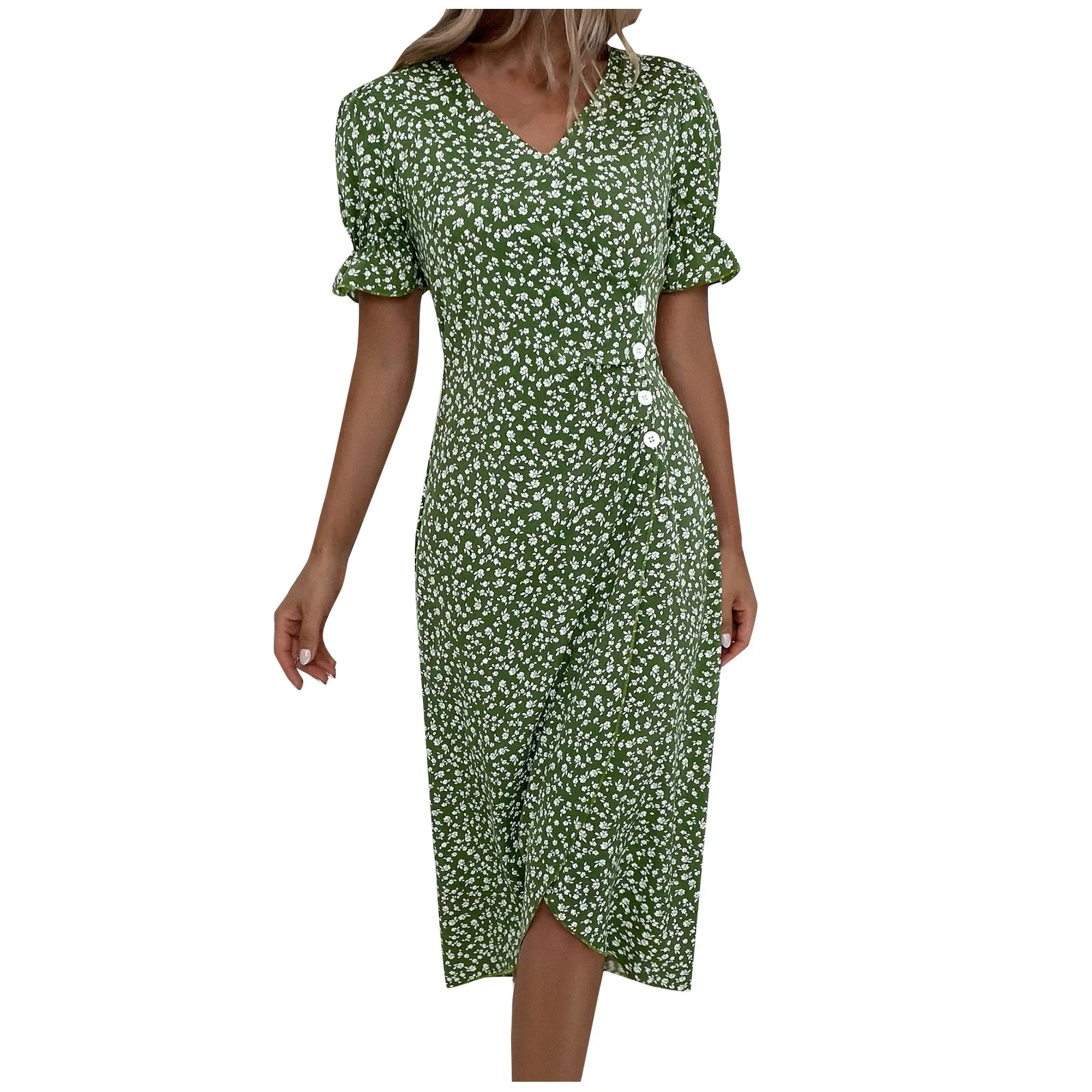 Elegant Floral Pleated H shaped Midi Dress Female V Neck Puff Sleeve Waist Ruched Button Dresses Women Summer Dress Robe