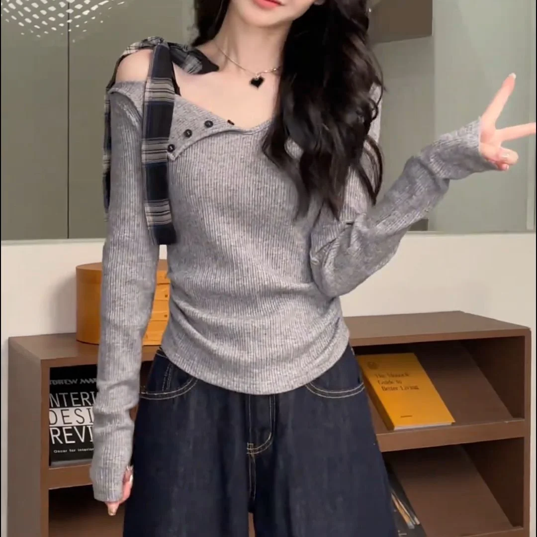 Sexy Sweet-and-Spicy Girl  Knot Shoulder Bared Long Sleeve T-Shirt Women's Slim Fit Design Early Spring Autumn Winte...