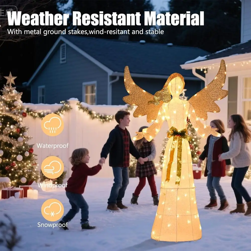 زينة عيد الميلاد الملاك اللامعة ثلاثية الأبعاد المضاءة مسبقًا، بطول 5 أقدام مع فيونكة وأجنحة قابلة للطي للاستخدام الخارجي أو الداخلي #6