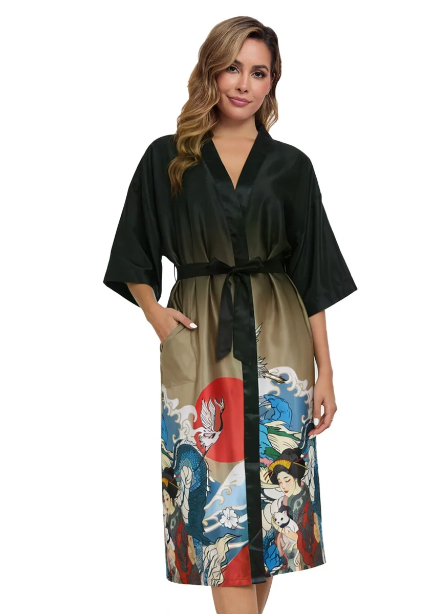 2026 New Arrival Women Japanese Style Satin Kimono Robe Crane Dragon Print Gradient Black Long Dressing Gown with Belt