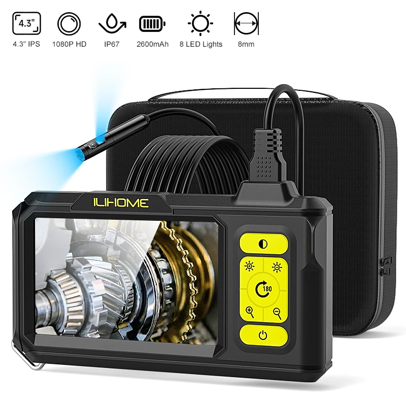 4.3 ''IPS شاشة المنظار كاميرا مزدوجة 8 مللي متر 1080P مع كابل صلب 5 متر انفصال IP67 Borescope كاميرا التفتيش مع حقيبة أدوات