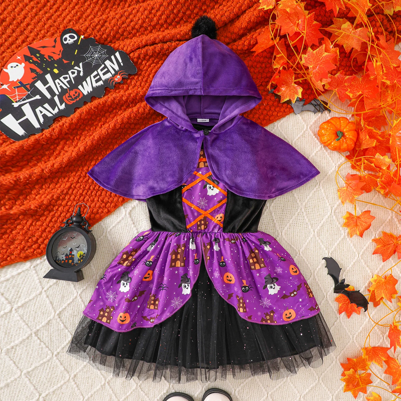 

2025 Halloween Girls Dress Hooded Cape shawl with Tulle Dress Set Witch Vampire Pumpkin Bat Dress Up Clothing for 1-6Y