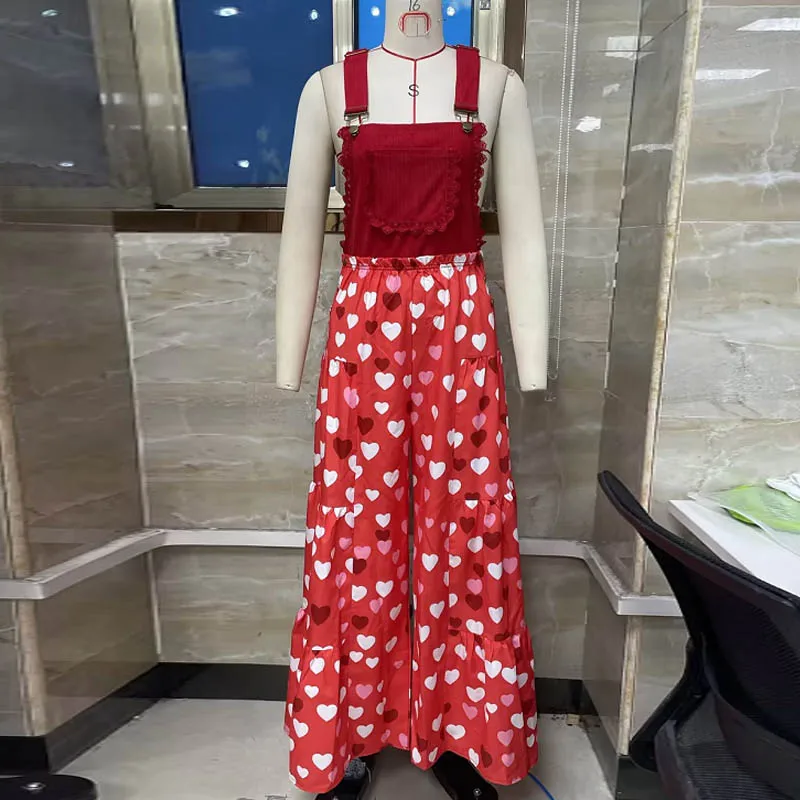 المرأة عيد الحب المرايل وزرة الحلو لطيف القلب المطبوعة أكمام الأشرطة قابل للتعديل واسعة الساق السراويل بذلة فضفاضة