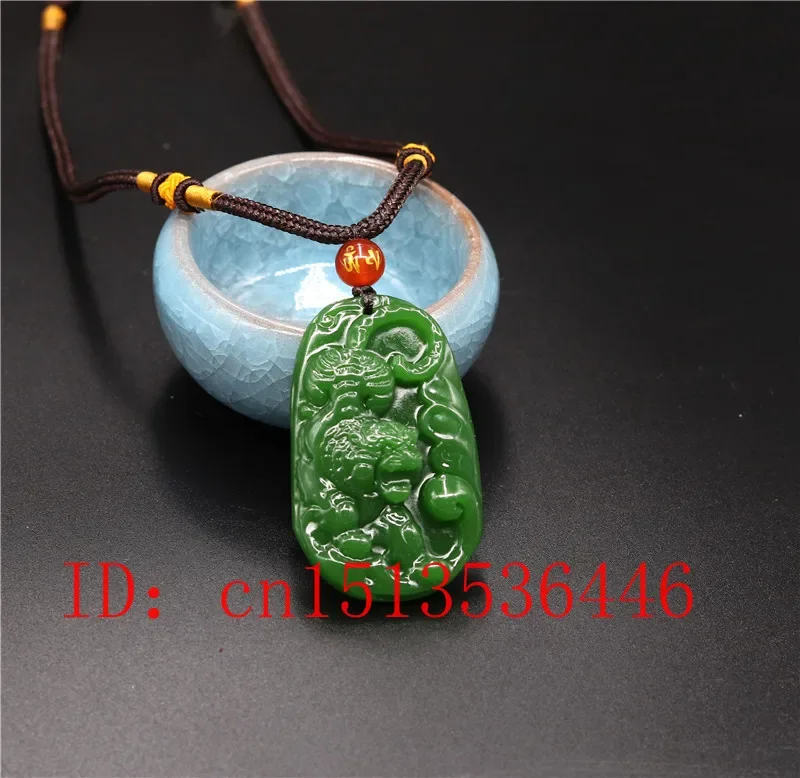 Natural Green Chinese Tiger Jade Pendant Necklace Hand-carved Charm Jewellery Fashion Man Lucky Amulet Gifts