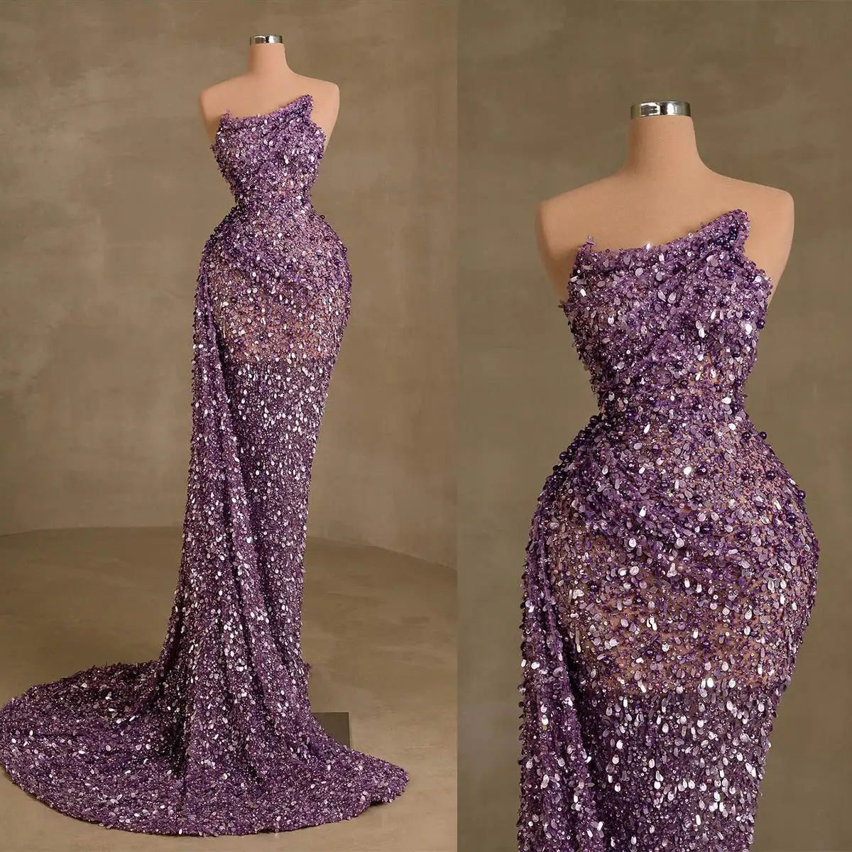 

Sparkly Mermaid Evening Dress Pearls Strapless Sleeveless Prom Gowns Sequins Sheath Tulle Formal Dresses Custom Made