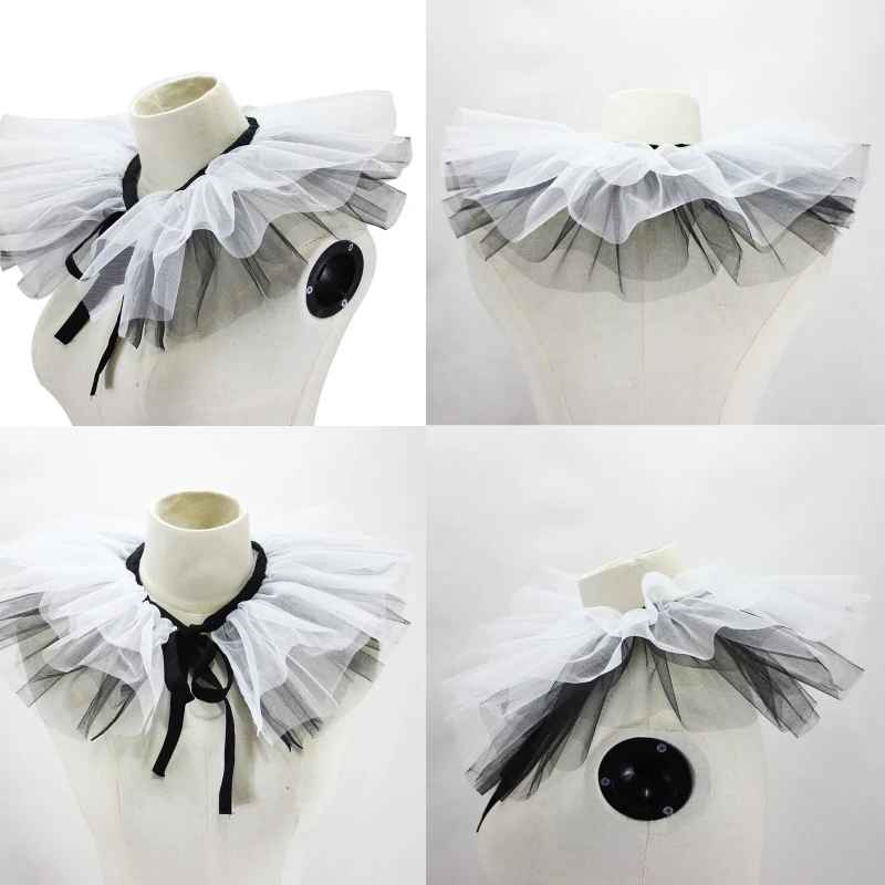 Renaissance Tulle Ruffled Fake Collar Layered Black White Mesh Clown Choker Lace-Up Ribbon Victorian Neck Ruff Shawl Cosplay