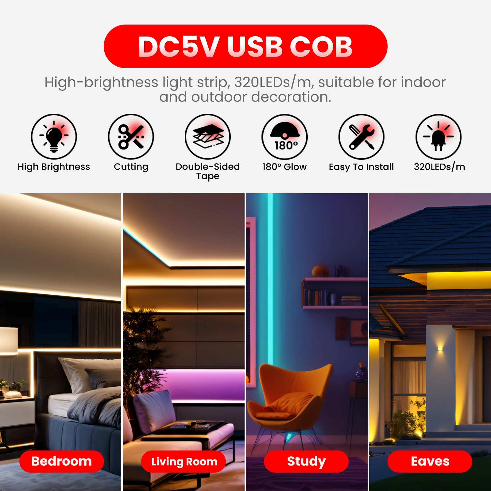 AA USB Battery Box Power COB LED Strip 5V 320LEDs/M Blue/Yellow/White/Red RA90 Flexible Adhesive Tape Room TV Night Backlight