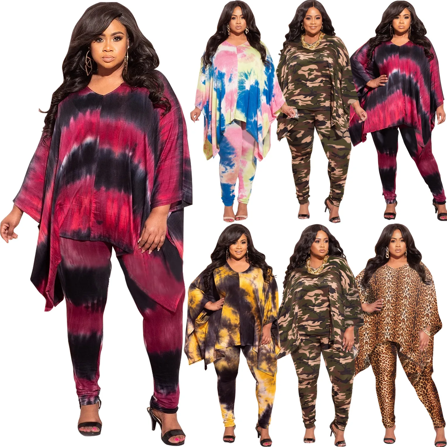 

2 Piece Sets Womens Outfits Tie-dye Leopard Printing A Loose Long-sleeved Blouse and Fashion Trousers Casual Two-Piece Suit