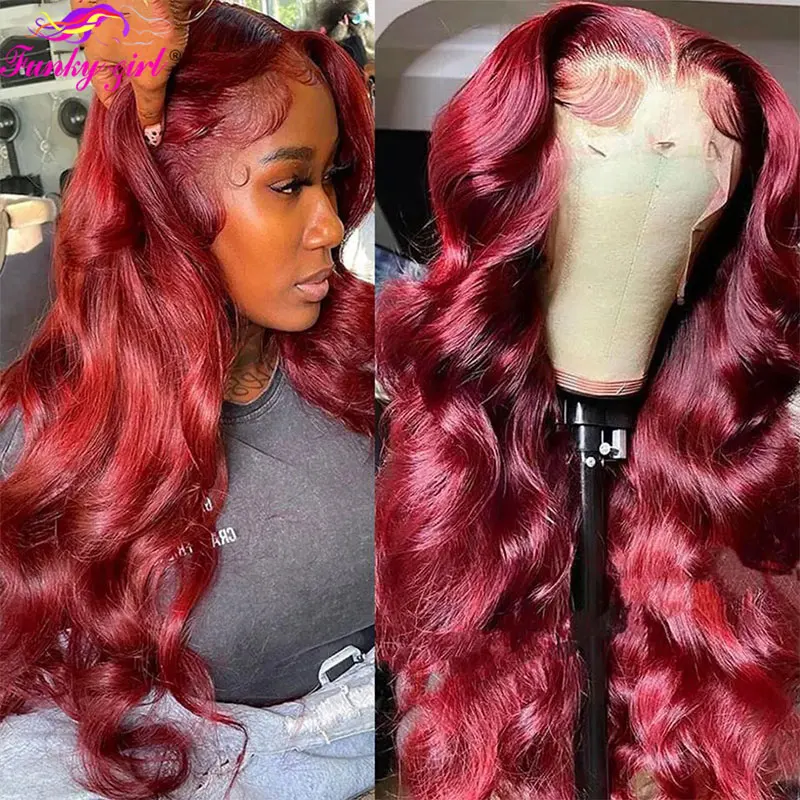 Body Wave Borgonha Lace Front Wig para mulheres, vermelho colorido, perucas transparentes de cabelo humano, perucas onduladas do corpo brasileiro, peruca barata 99J