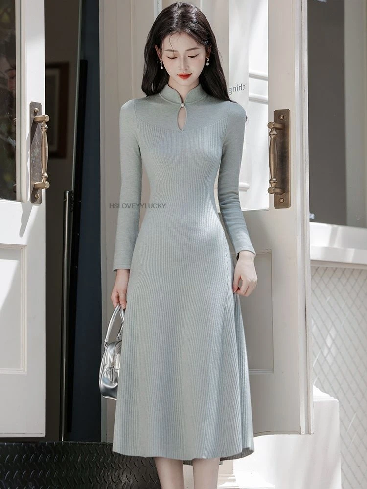 

Autumn And Winter New Chinese Style Long Cheongsam Vintage Stunning Everyday Wearable Modern Chinese-style Knitted Dress