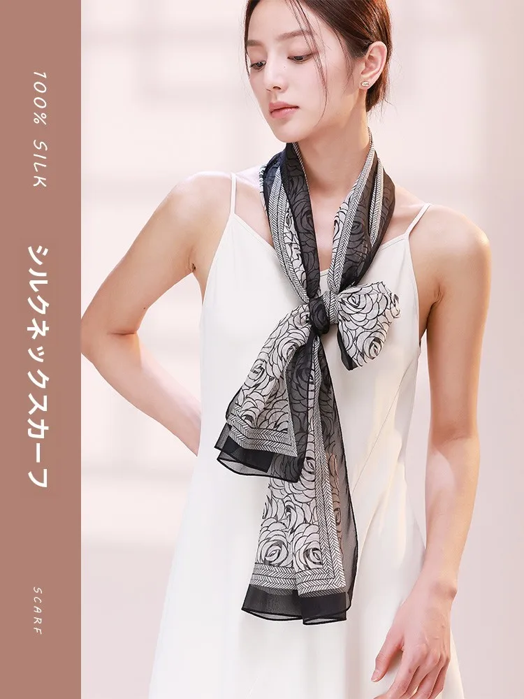 シルクロングスカーフ-レディース-新作-2026-ネクタイ-高級感スカーフ-秋-薄手-ママのショール-首保護スカーフ-花柄-多機能