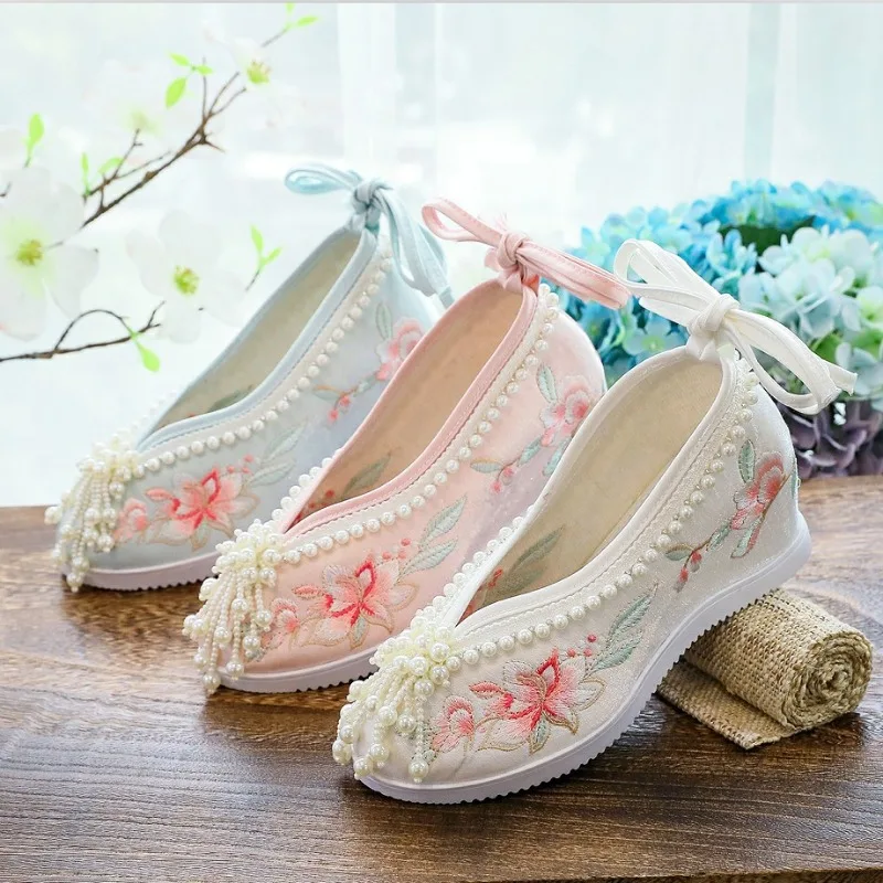 2026 Wedges High Heels Women's Apricot Pearls-Strap Pointed-Toe Block Heel Ankle-Strap Pumps (5-7CM) Plus-Size Party Shoes Q-902