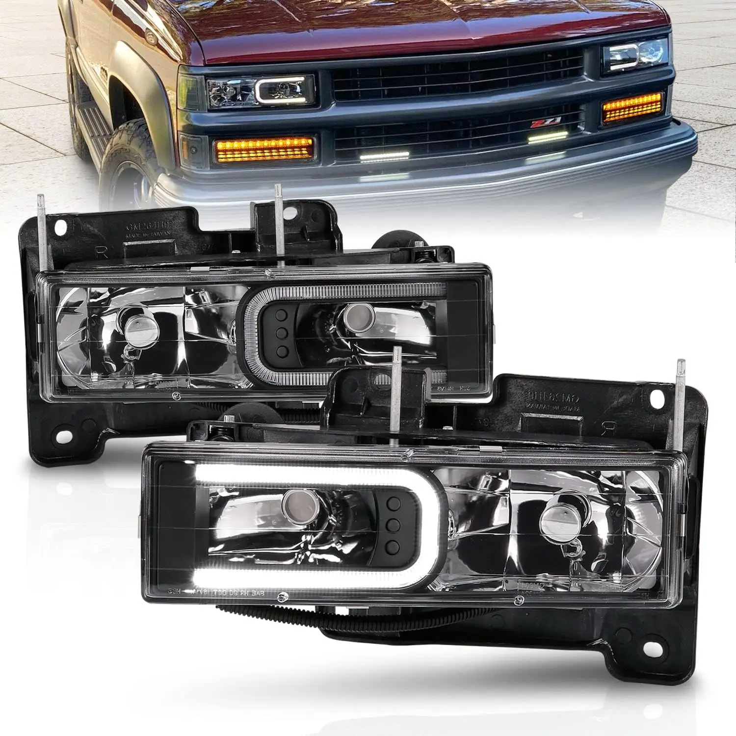 

For Chevy C/K Tahoe Suburban SUV Fullsize Blazer GMC Yukon C-Type LED Tube Halogen Black Headlight Set - Passenger and Driver Si