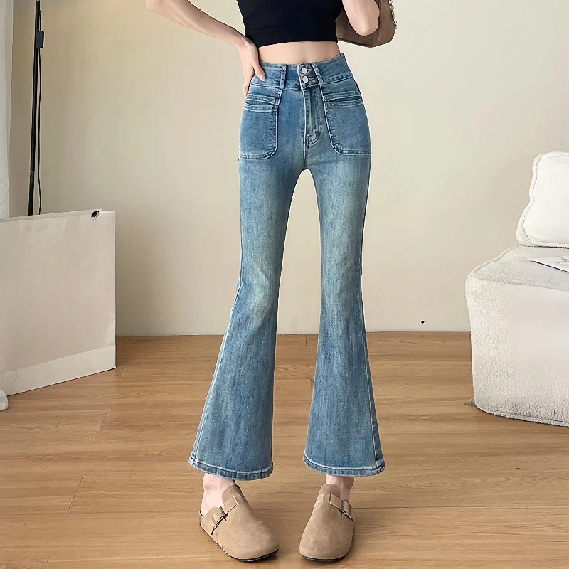 

New Women's Double Button Slightly Flared High Waist Jeans Slim Fit for Spring Autumn Slimming Petite Stretch Cropped