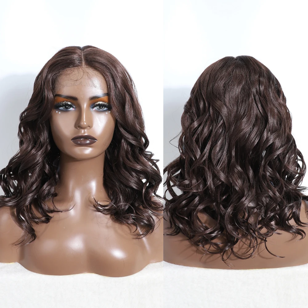 Synthetic Lace Front Wigs Dark Brown Brunette Shade Black Wig Body Wavy Wig  Cosplay Curly Wig Lace Front Wig For Women Lace Wig