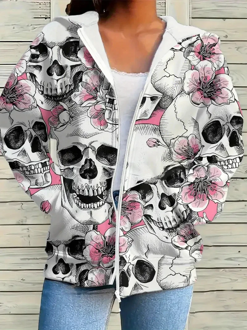 Women's Fashionable and Elegant Halloween Skull and Flower Print Hooded Zipper Jacket - Perfect for Party Wear